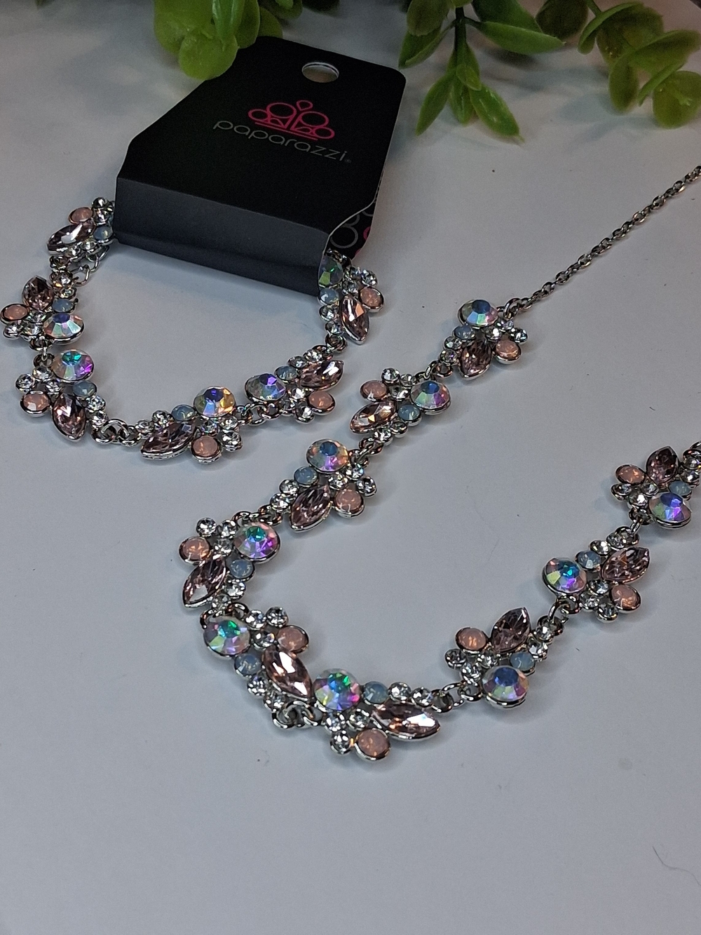 Pink And Multicolor Aurora Iridescent Crystal Necklace And Bracelet Set